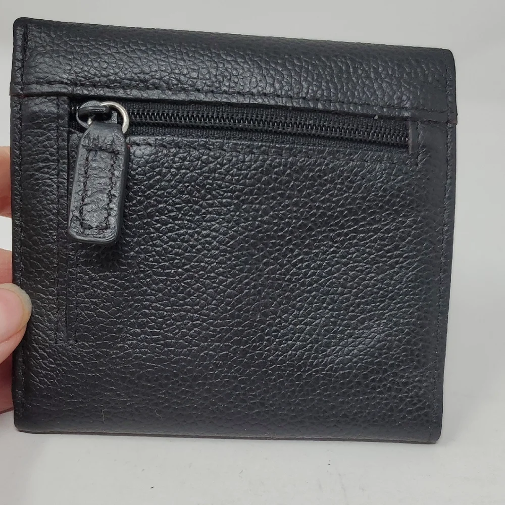 Black Leather Tri-fold Wallet With Cross Embrossed On Front
